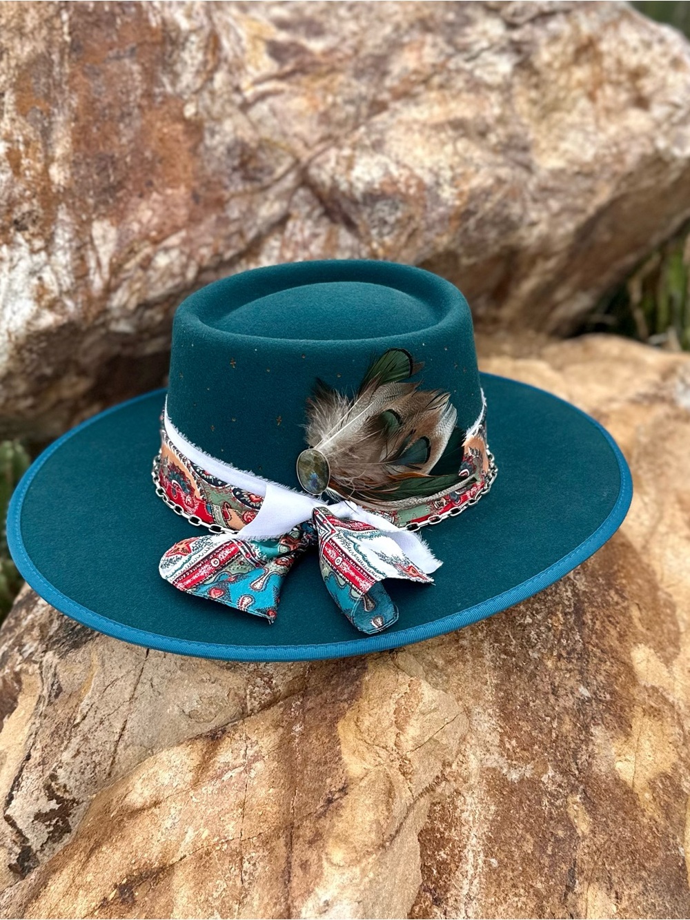 Gambler Labradorite Teal Wool Hat Removable Feather Hat Pin